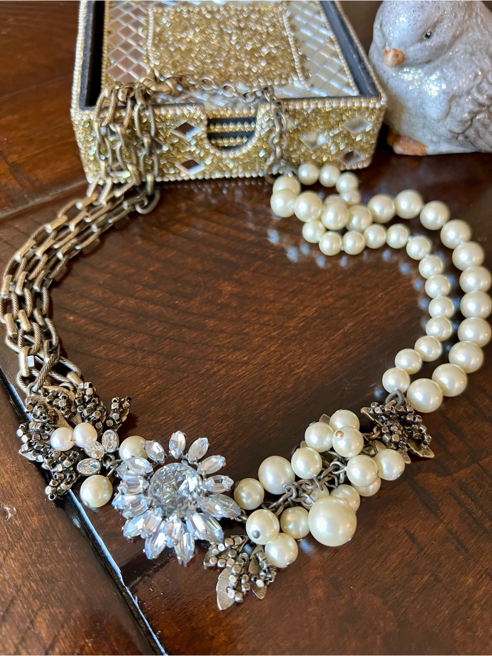 J.Crew Pearl Crystal Floral Statement Necklace Gold Tone Bridal - Picture 3 of 7